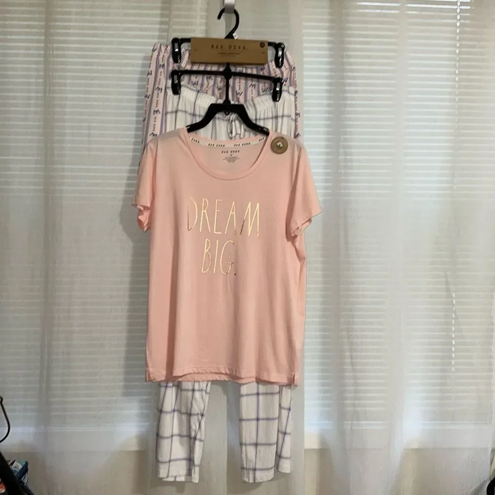 RAE DUNN. M Pink White Purple DREAM BIG. Short Sleeve Tee Pants Shorts PJ Set